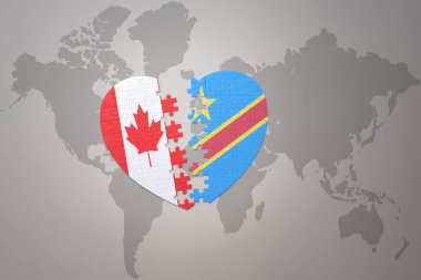 Kanada 'nın ulusal bayrağı ve Kongo Demokratik Cumhuriyeti ile ilgili bir bulmaca kalbi dünya haritasında. 3B illüstrasyon