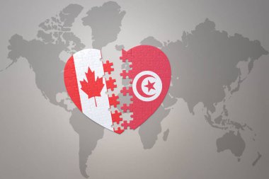 Kanada ve Tunisia 'nın ulusal bayrağıyla ilgili bir bulmaca kalbi dünya haritasında. 3B illüstrasyon