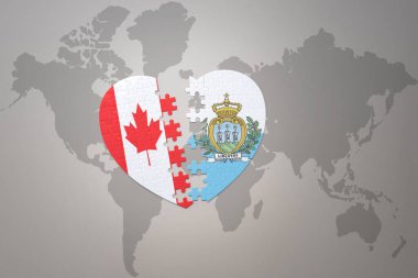 Kanada ve San Marino 'nun ulusal bayrağıyla ilgili bir bulmaca kalbi dünya haritasında. 3B illüstrasyon