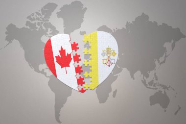 Kanada ve Vatikan 'ın ulusal bayrağını bir dünya haritasında bulmaca kalbi. Konsept. 3B illüstrasyon