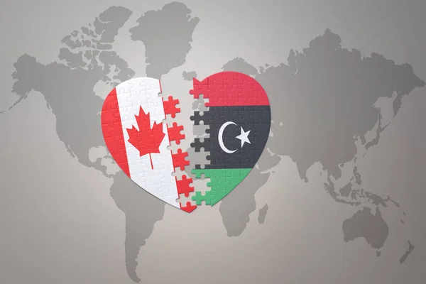 Puzzle Heart National Flag Canada Libya World Map Background Concept — Stock Photo, Image