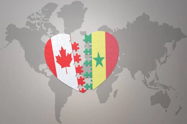 Puzzle Heart National Flag Canada Senegal World Map Background Concept — Stock Photo, Image