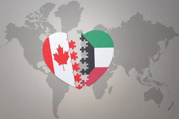 Puzzel Hart Met Nationale Vlag Van Canada Koeweit Een Wereldkaart — Stockfoto