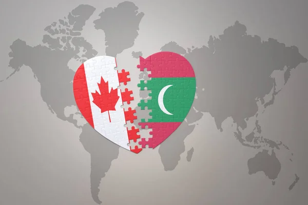 Puzzle Heart National Flag Canada Maldives World Map Background Concept — Stock Photo, Image