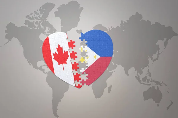 Серце Головоломка Національним Прапором Канади Філіппін Фоні Карти Світу Концепція — стокове фото