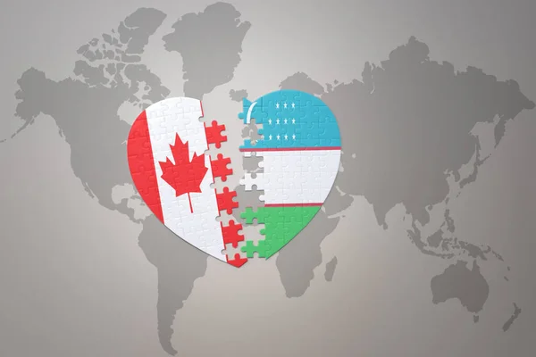 Coração Quebra Cabeça Com Bandeira Nacional Canadá Uzbequistão Fundo Mapa — Fotografia de Stock