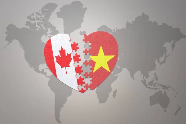 世界地図の背景にカナダとベトナムの国旗が描かれたパズルハート 3Dイラスト — ストック写真