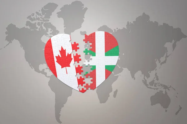 在世界地图的背景上 用加拿大和巴斯克国家的国旗拼凑人心 3D插图 — 图库照片