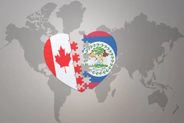 カナダ国旗のパズルハートと世界地図の背景にベライズ 3Dイラスト — ストック写真