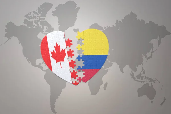 Puzzle Herz Mit Der Nationalflagge Kanadas Und Kolumbiens Auf Einem — Stockfoto
