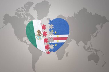 Pelerin Verde ve Meksika 'nın ulusal bayrağıyla bir dünya haritası üzerinde bulmaca kalbi. 3B illüstrasyon