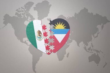 Antigua, Barbuda ve Meksika 'nın ulusal bayrağını içeren bir bulmaca kalbi. 3B illüstrasyon