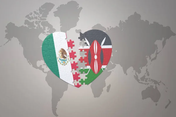 Puzzle Heart National Flag Kenya Mexico World Map Background Concept — Stock Photo, Image