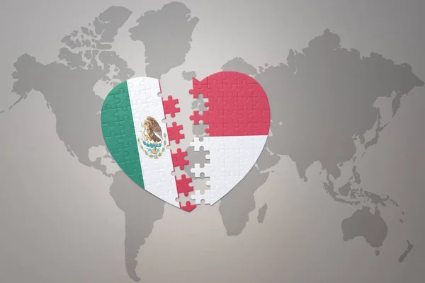 Puzzle Heart National Flag Indonesia Mexico World Map Background Concept — Stock Photo, Image