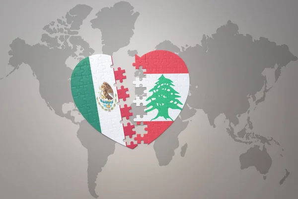 世界地図の背景にレバノンとメキシコの国旗が描かれたパズルハート 3Dイラスト — ストック写真