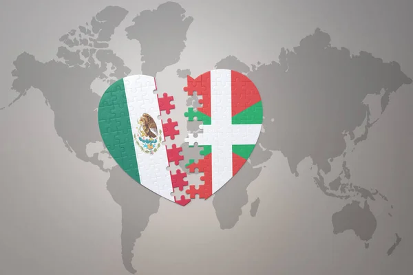 Pussel Hjärta Med Den Nationella Flaggan Baskien Och Mexiko Världskarta — Stockfoto