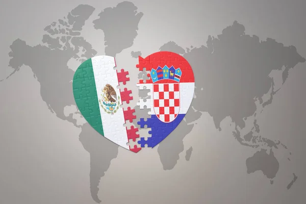 Pussel Hjärta Med Den Nationella Flaggan Kroatia Och Mexico Världskarta — Stockfoto
