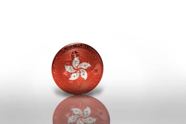 Beyaz arka planda ulusal Hong Kong bayrağı olan bitcoin. Bitcoin madencilik konsepti. 3d illüstrasyon