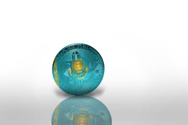 Beyaz arka planda ulusal Kazakistan bayrağı olan bitcoin. Bitcoin madencilik konsepti. 3d illüstrasyon