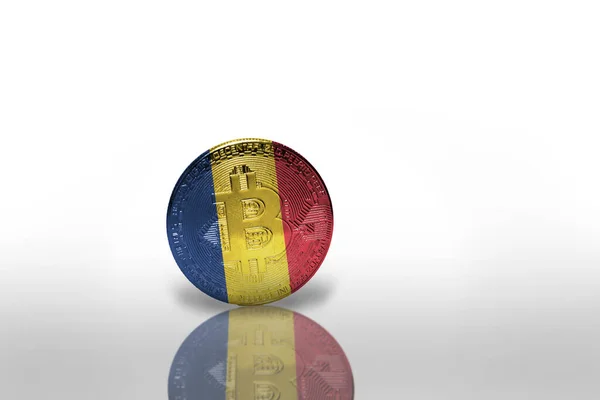 Bitcoin Την Εθνική Σημαία Της Ρουμανίας Στο Λευκό Φόντο Έννοια — Φωτογραφία Αρχείου