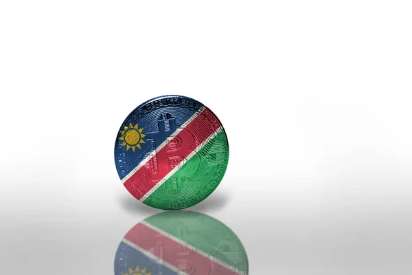 白い背景にナミビアの国旗が描かれたビットコインです ビットコイン採掘の概念 3Dイラスト — ストック写真