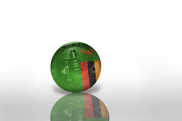 Bitcoin Met Nationale Vlag Van Zambia Witte Achtergrond Bitcoin Mijnbouw — Stockfoto