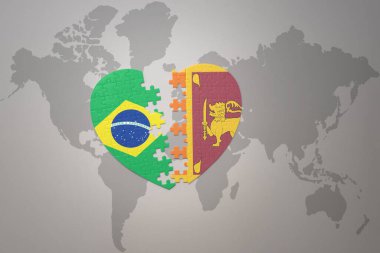 Brezilya ve Sri Lanka 'nın ulusal bayrağını içeren bir yapboz kalbi dünya haritasında. 3B illüstrasyon