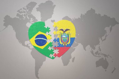 Brezilya Ulusal Bayrağı ve Ekvador 'un yapboz kalbi bir dünya haritasında. 3B illüstrasyon