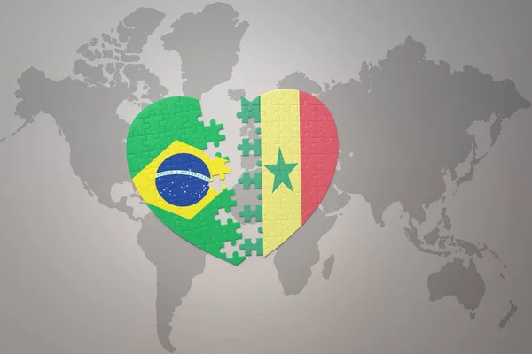 Puzzle Heart National Flag Brazil Senegal World Map Background Concept — Stock Photo, Image