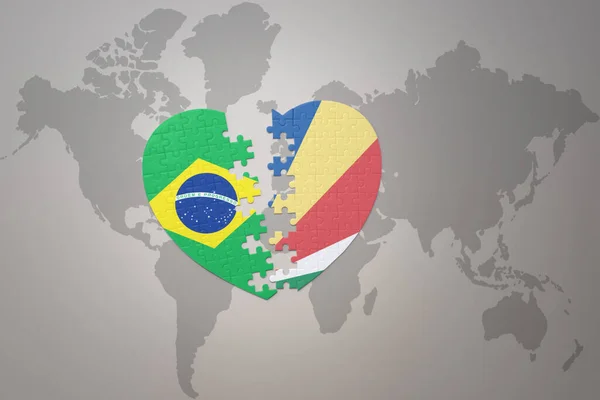 Puzzle Heart National Flag Brazil Seychelles World Map Background Concept — Stock Photo, Image