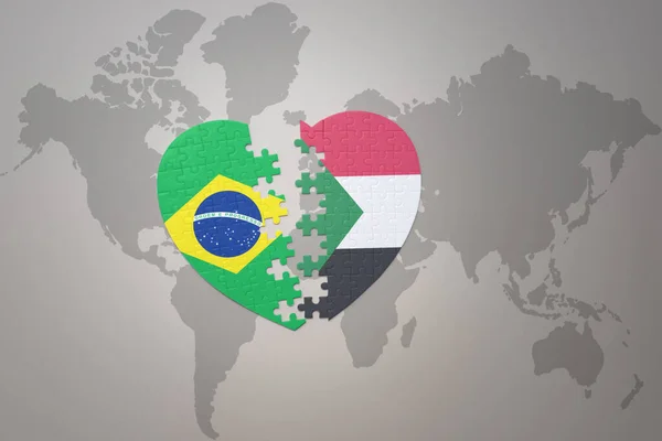 Coração Quebra Cabeça Com Bandeira Nacional Brasil Sudan Fundo Mapa — Fotografia de Stock