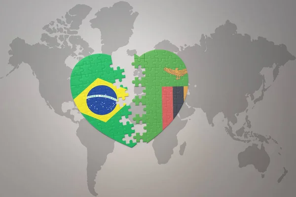 Coração Quebra Cabeça Com Bandeira Nacional Brasil Zâmbia Fundo Mapa — Fotografia de Stock