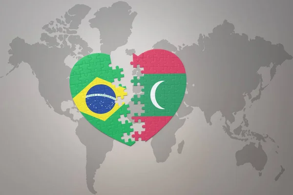 Coração Quebra Cabeça Com Bandeira Nacional Brasil Maldivas Mapa Mundo — Fotografia de Stock