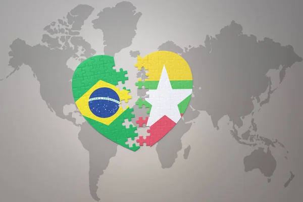 在世界地图的背景上 用巴西和没药的国旗来迷惑人心 3D插图 — 图库照片