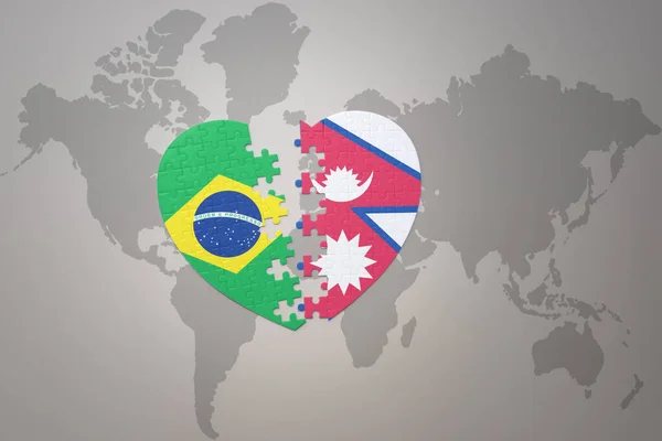 Corazón Del Rompecabezas Con Bandera Nacional Brasil Nepal Fondo Mapa — Foto de Stock