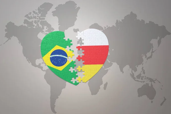 在世界地图的背景上 用巴西和南罗塞西亚国旗拼凑人心 3D插图 — 图库照片