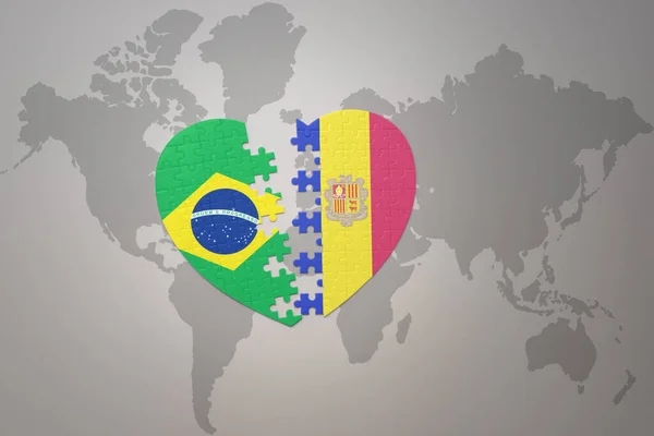 Corazón Del Rompecabezas Con Bandera Nacional Brasil Andorra Fondo Mapa — Foto de Stock