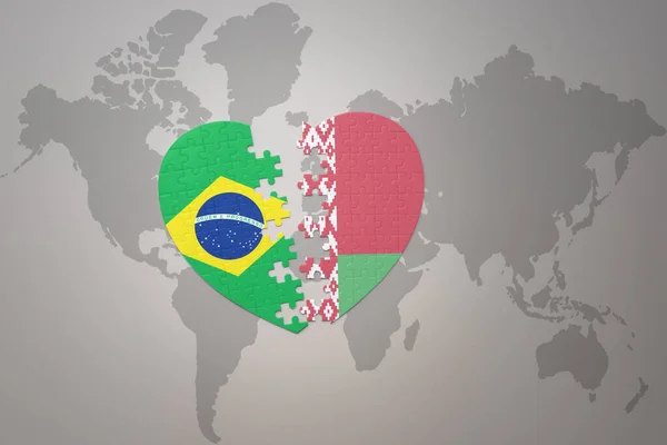 Coração Quebra Cabeça Com Bandeira Nacional Brasil Belarus Fundo Mapa — Fotografia de Stock