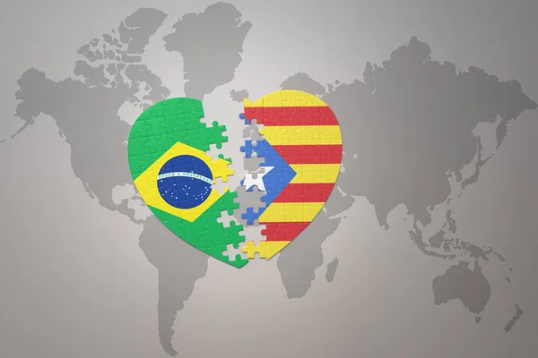 Puzzle Heart National Flag Brazil Catalonia World Map Background Concept — Stock Photo, Image