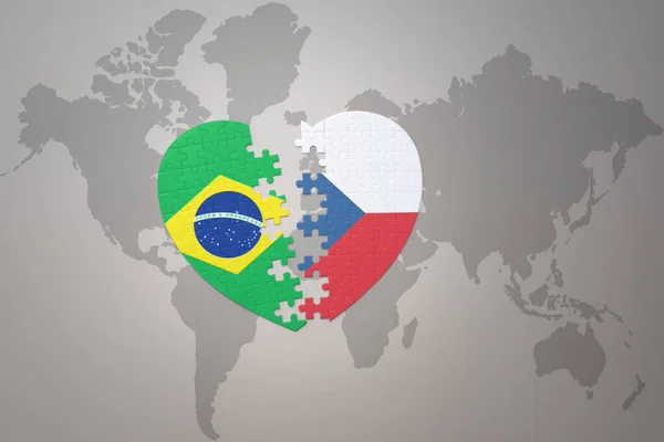 Puzzleherz Mit Der Nationalflagge Brasiliens Und Der Tschechischen Republik Auf — Stockfoto