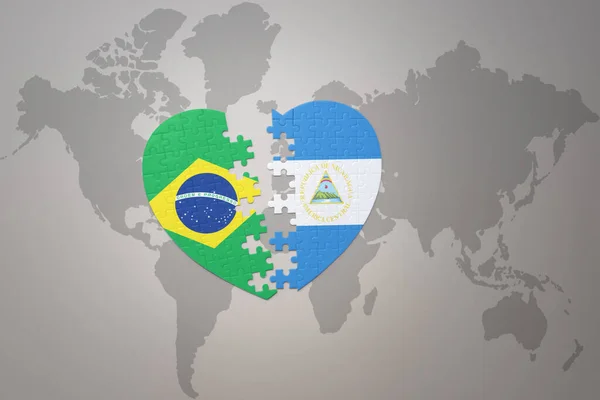 Puzzle Heart National Flag Brazil Nicaragua World Map Background Concept — 스톡 사진