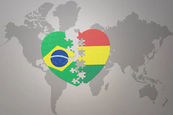 Coração Quebra Cabeça Com Bandeira Nacional Brasil Bolívia Mapa Mundo — Fotografia de Stock