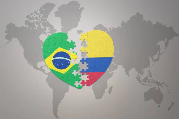 Coração Quebra Cabeça Com Bandeira Nacional Brasil Colômbia Fundo Mapa — Fotografia de Stock