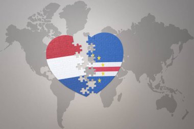 Dünya haritasında ulusal bayrak ve Hollanda 'nın bulmaca kalbi. Konsept. 3B illüstrasyon