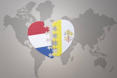 Vatikan ve Hollanda 'nın ulusal bayrağını bir dünya haritasında bulmaca kalbi. Konsept. 3B illüstrasyon