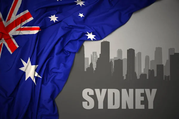 Abstract Silhouette City Text Sydney Waving Colorful National Flag Australia — Stock Photo, Image