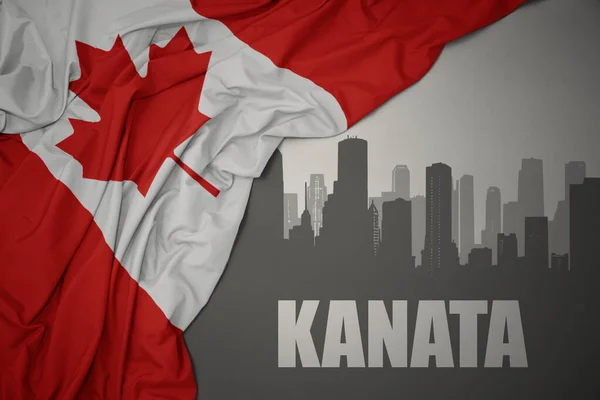 卡纳塔在灰色背景下飘扬着五彩缤纷的加拿大国旗的文本中 勾勒出了城市的轮廓 — 图库照片