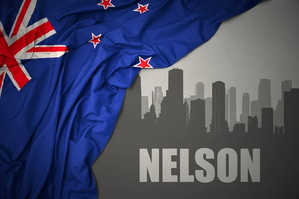 Abstract Silhouette City Text Nelson Waving Colorful National Flag New — Stock Photo, Image