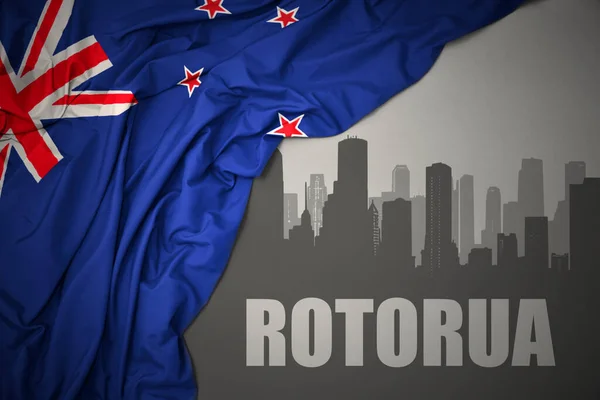 Abstract Silhouette City Text Rotorua Waving Colorful National Flag New — Stock Photo, Image