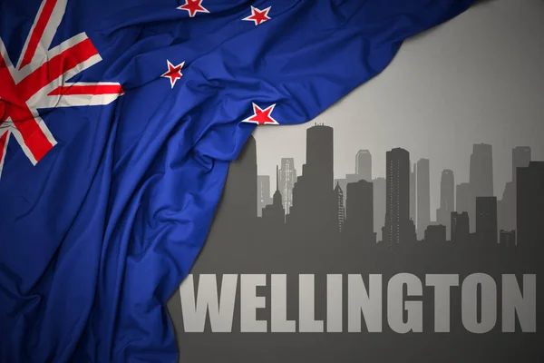 Silhouette Abstraite Ville Avec Texte Wellington Près Agitant Drapeau National — Photo